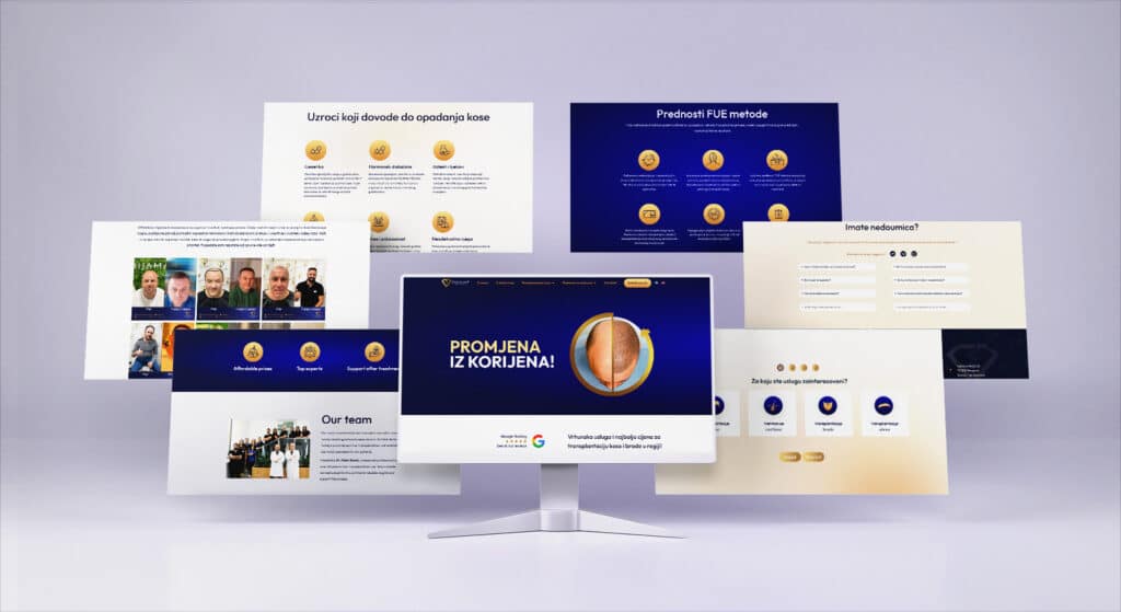 7 ekrana koji pokazuju novi dizajn web stranice za polikliniku dijamant